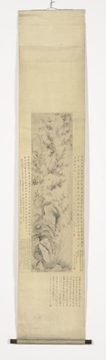 Hanging scroll with bamboo and orchids on a rock
