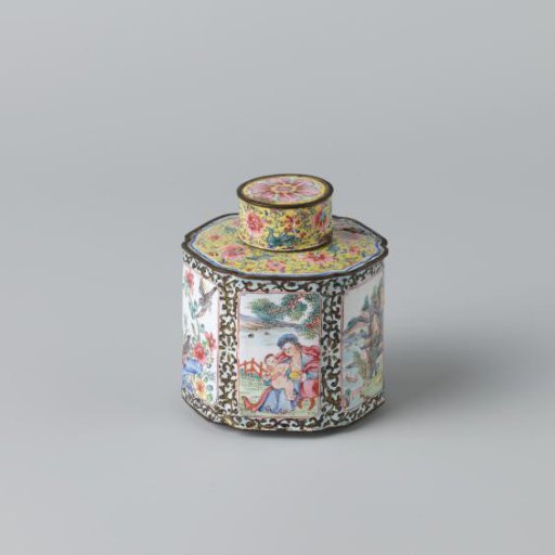Hexagonal tea caddy, painted enamel