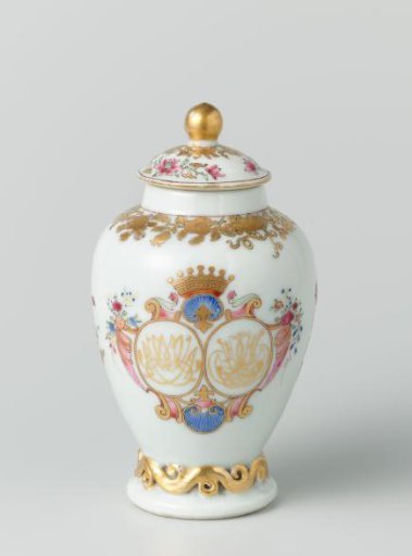 Ovoid tea caddy with handle from the 'Swellengrebel service' with a double crowned monogram and a border with floral scrolls