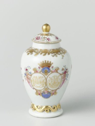Ovoid tea caddy with handle from the 'Swellengrebel service' with a double crowned monogram and a border with floral scrolls