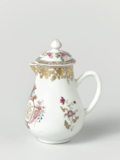 Pear-shaped milk jug with handle from the 'Swellengrebel service' with a double crowned monogram and a border with floral scrolls