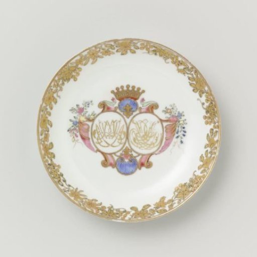 Saucer from the 'Swellengrebel service' with a double crowned monogram and a border with floral scrolls