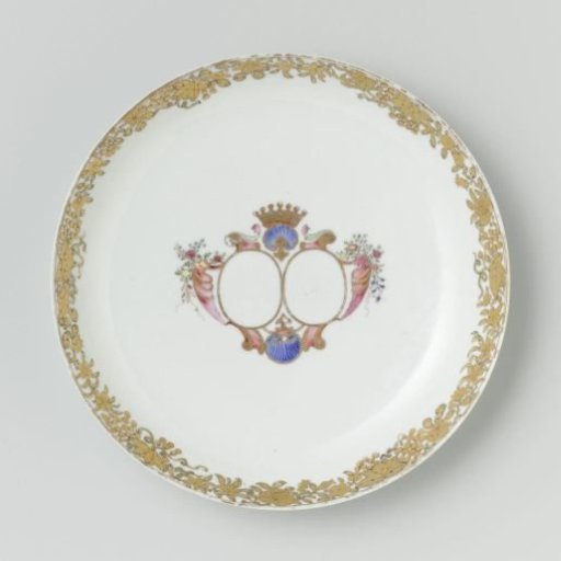 Saucer-dish from the 'Swellengrebel service' with a double crowned monogram and a border with floral scrolls