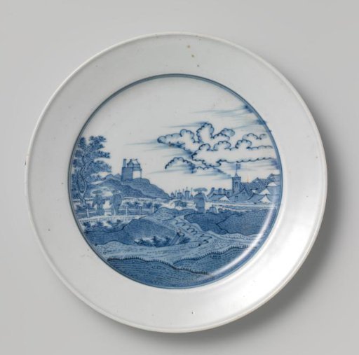 Plate with a European Landscape with Figures, a Cow and a Village