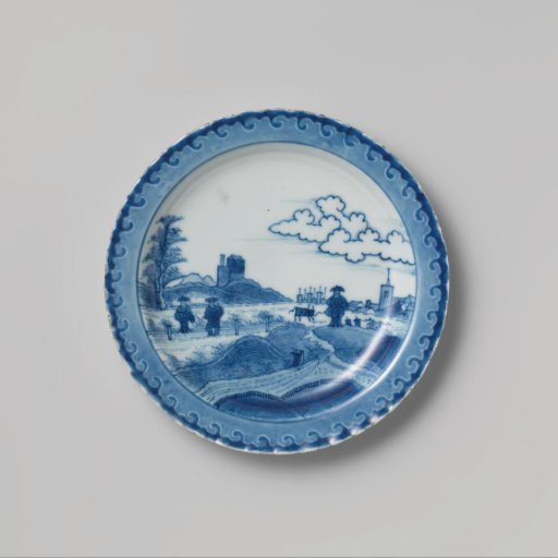 Plate with a European landscape with figures, a cow and a village