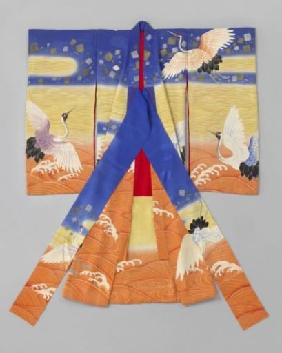 Girls' Miyamairi Kimono with Cranes over Water