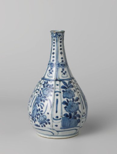 Pear-shaped bottle vase with flowering plants and dots in a panel decoration