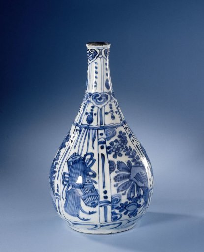 Pear-shaped bottle vase with flowering plants and auspicious objects