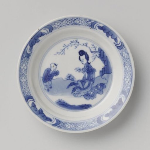 Two lidded pots and a plate with women and boys