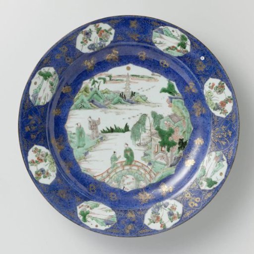 Dish with powder blue and panels in reserve with river landscapes