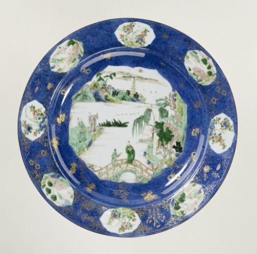 Dish with powder blue and panels in reserve with river landscapes
