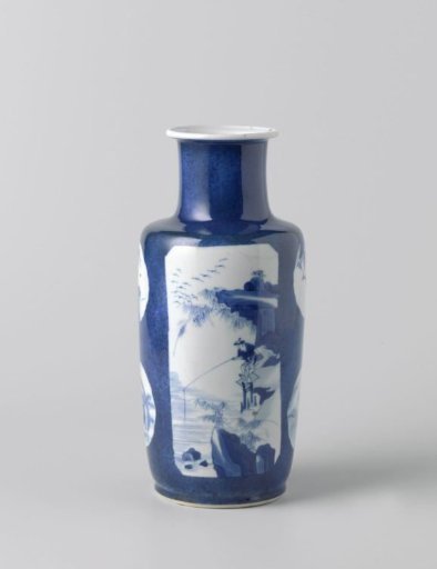 Cylindrical vase with powder blue and landscapes with figures or animals