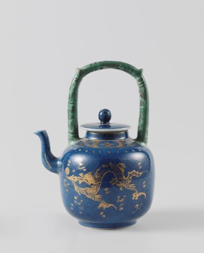 Teapot with powder blue and pearl chasing dragons in gold