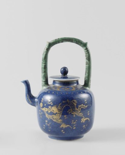 Teapot with powder blue and pearl chasing dragons in gold
