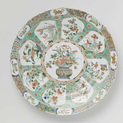 Dish with flowerbasket and petal-shaped panels