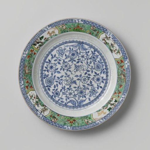 Dish with stylised flower scrolls, flower sprays and animals