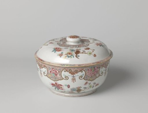 Covered tureen with groups of flowers and ornamental border