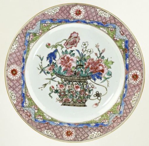 Dish with a flower basket in a square frame with folded corners