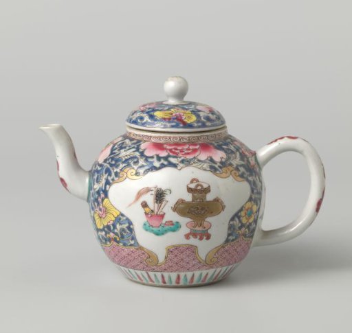 Teapot with flowers, floral scrolls and antiquities in panels
