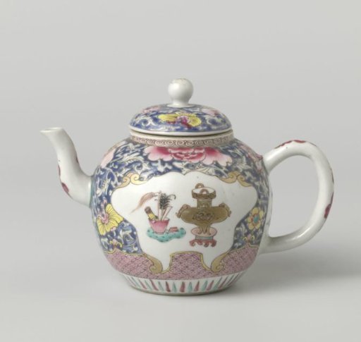 Teapot with flowers, floral scrolls and antiquities in panels