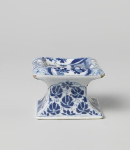 Square salt cellar with a woman and boy, floral scrolls and flowering plants