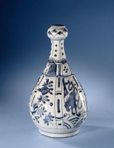 Pear-shaped bottle vase with running horses and flowering plants