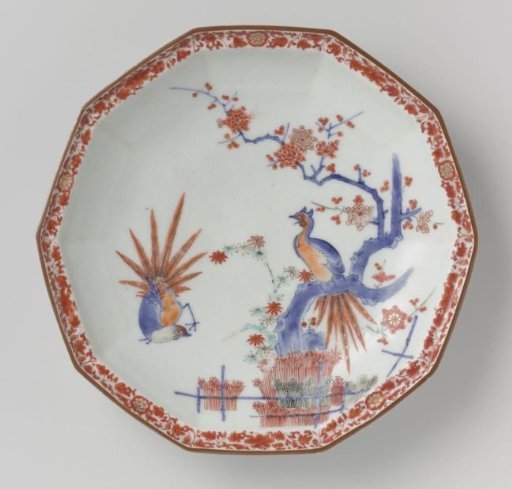 Decagonal dish with brushwood fences, bamboo, prunus and pheasants