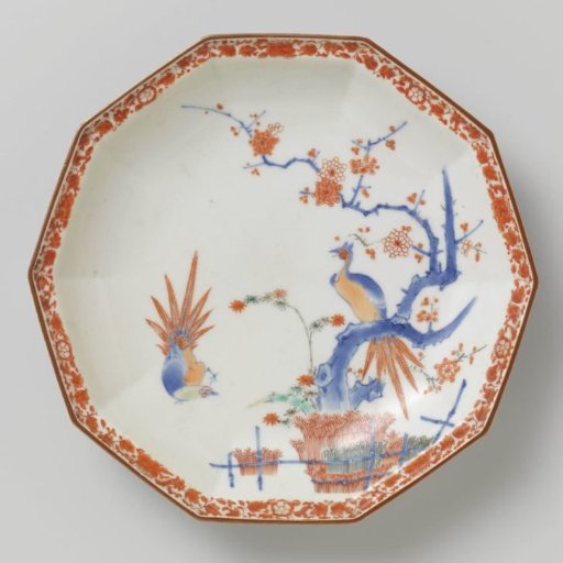 Decagonal dish with brushwood fences, bamboo, prunus and pheasants