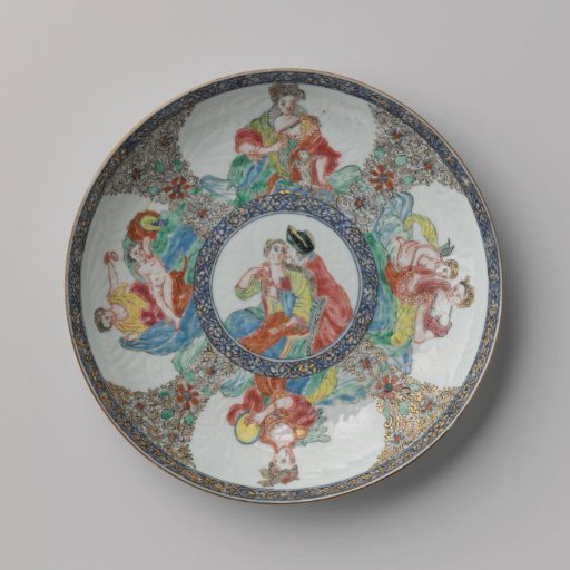 Saucer-dish with incised floral scrolls and a courting couple