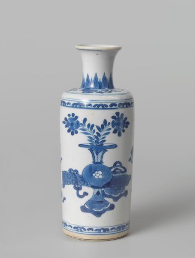 Cylindrical bottle vase with precious objects and floliate scrolls