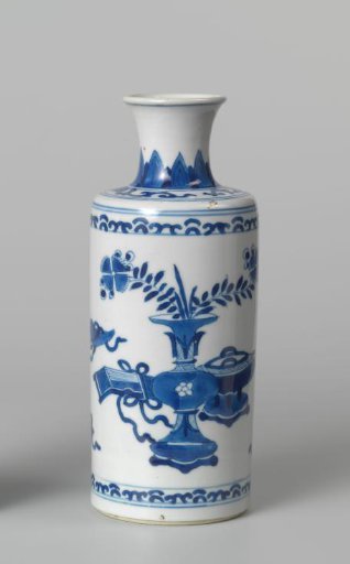 Cylindrical bottle vase with precious objects and foliate scrolls