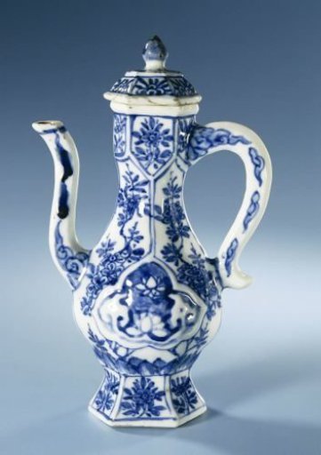 Hexagonal ewer with flowering plants and floral scrolls
