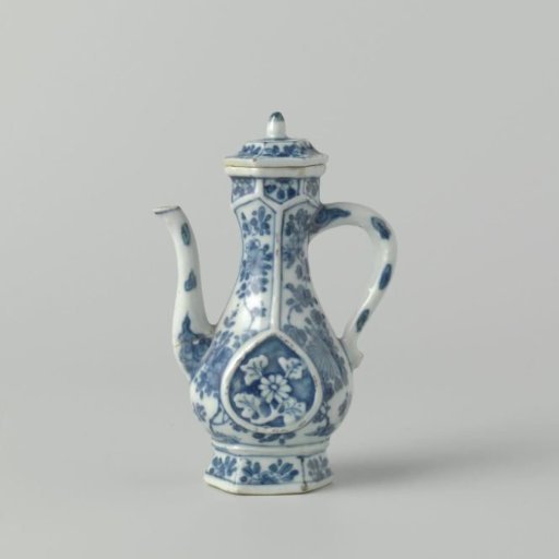 Hexagonal ewer with flowering plants and floral scrolls