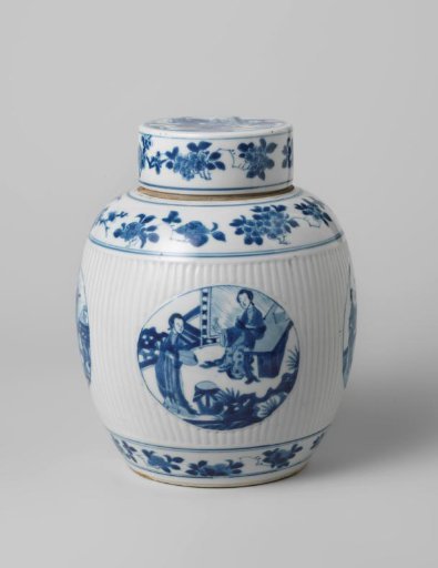 Ovoid covered jar with flower sprays and narrative scenes in medallions