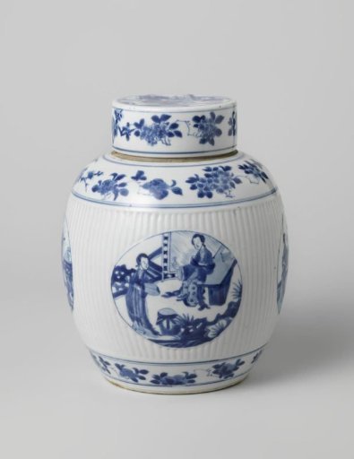 Ovoid covered jar with flower sprays and narrative scenes in medallions