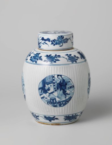 Ovoid covered jar with flower sprays and narrative scenes in medallions