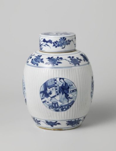 Ovoid covered jar with flower sprays and scenes in medallions