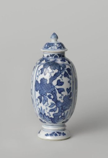 Covered jar with hatched plants in petal-shaped panels