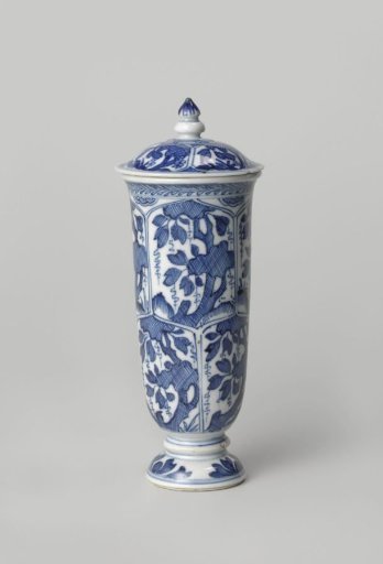 Bell-shaped Covered Beaker Vase with Hatched Plants in Petal-shaped Panels