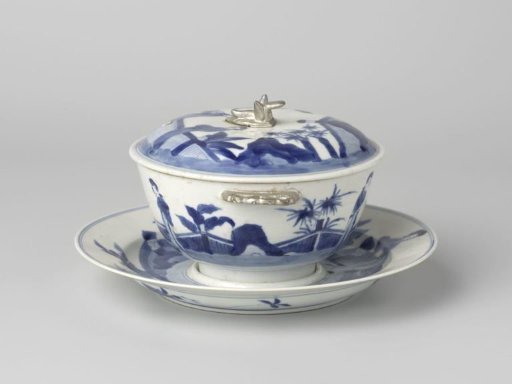 Covered bowl with stand with women in a landscape