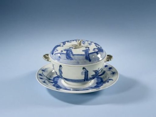 Covered bowl with stand with women in a landscape