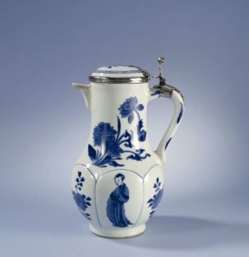 Covered milk jug with lotus plants, flower sprays and women