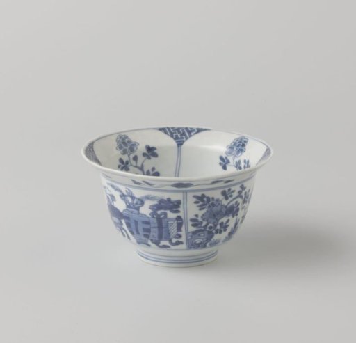 Bowl (klapmuts) with flowering plants and auspicious objects