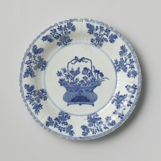 Dish with fluted sides, flower basket and flower sprays