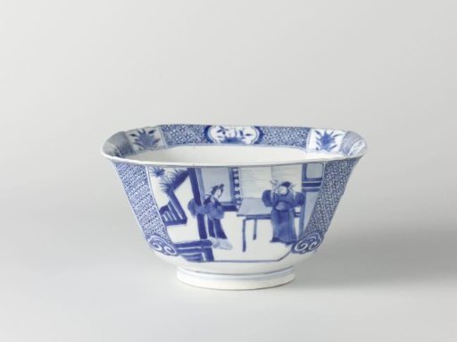 Square bowl with narrative scenes in panel decoration