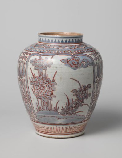 Ovoid jar with flowering plants in panels