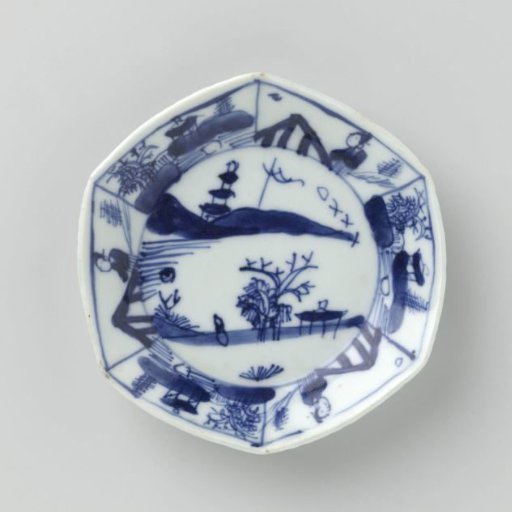 Hexagonal saucer-dish with landscapes and figures