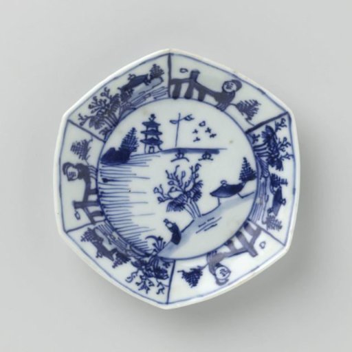 Hexagonal saucer-dish with landscapes and figures