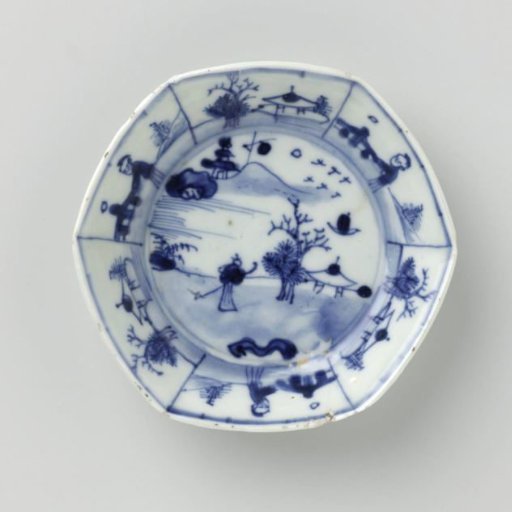 Hexagonal saucer-dish with landscapes and figures