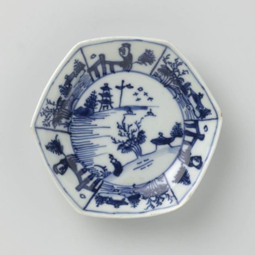Hexagonal saucer-dish with landscapes and figures